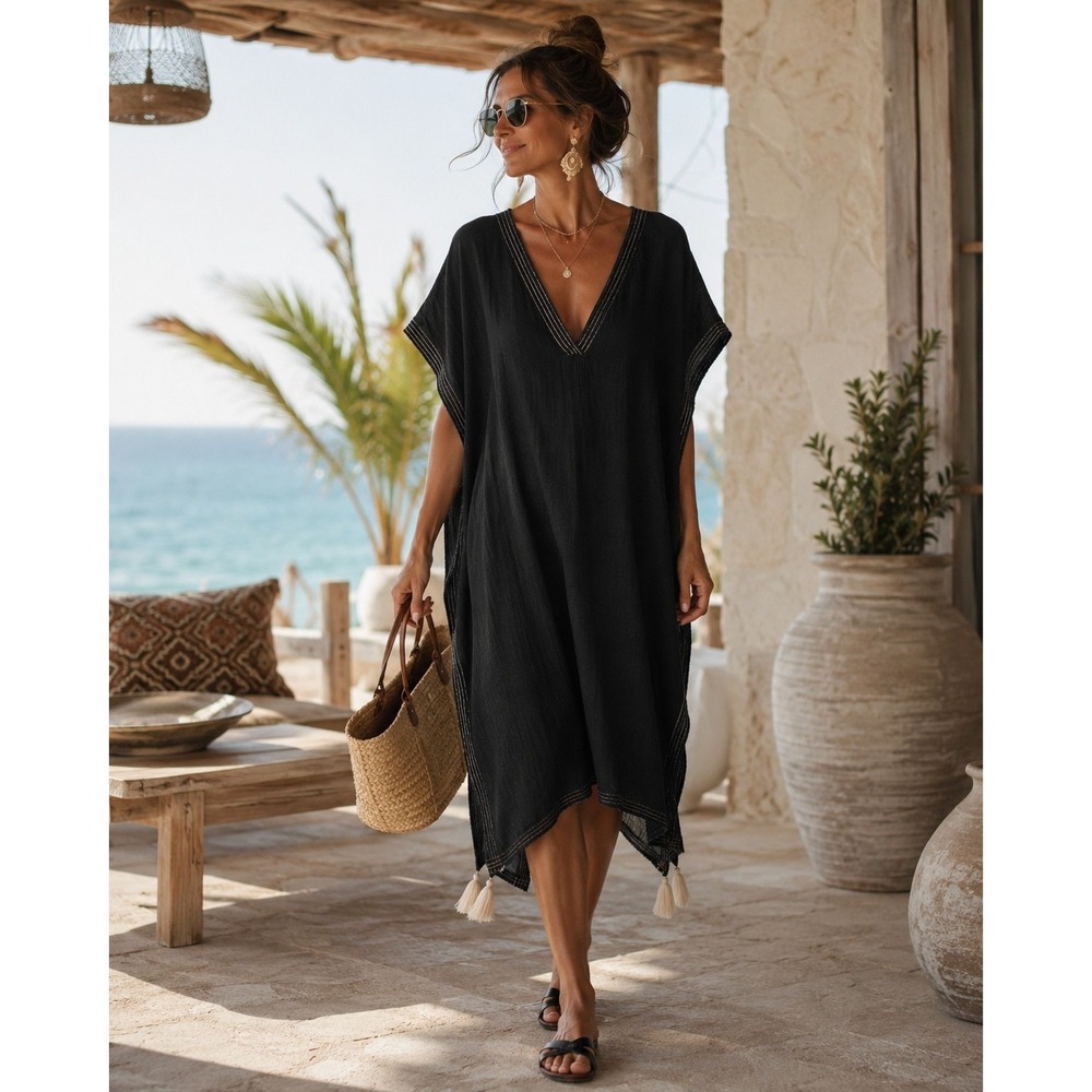 The Handloom Cotton Guaze Ela Resortwear Vacation Boho Beach Kaftan  Black
